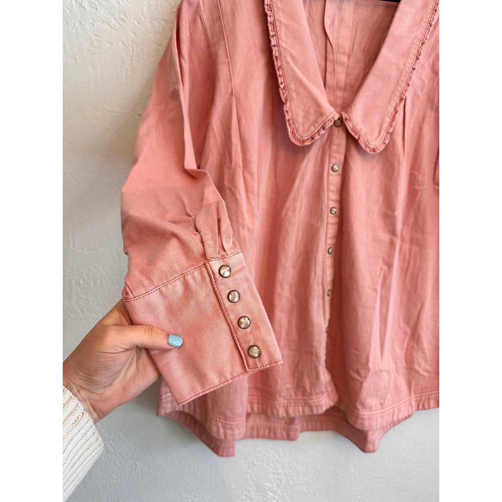 Free People Charlie Denim Shirt Pink Ruffle Peter Pan Collar Snap Front Small - Picture 4 of 6
